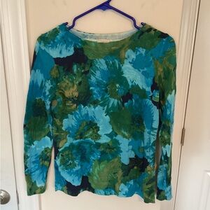 Talbots Audrey Crewneck Sweater in Blue/Green Floral Shades, Petite Small